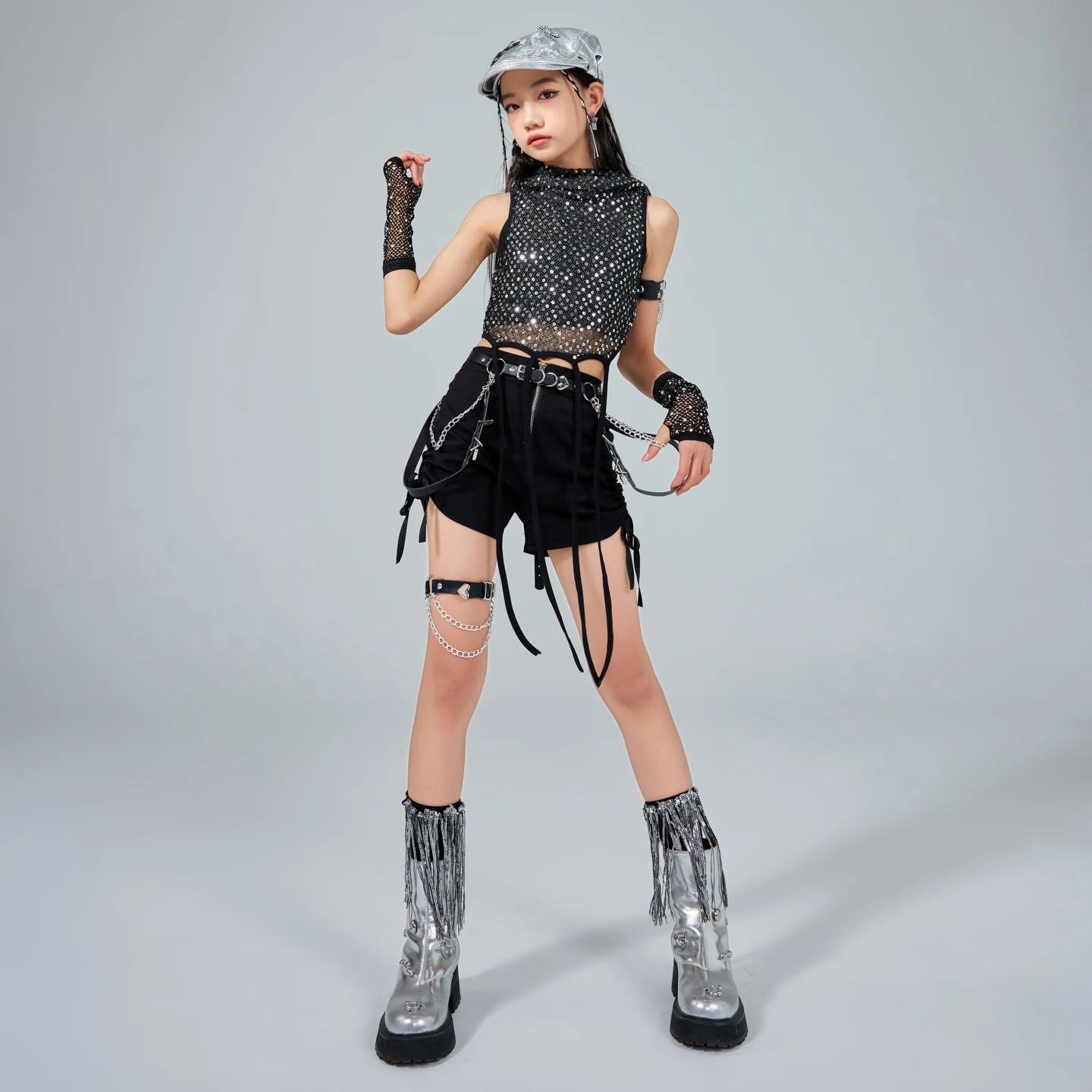 Dziecięce stroje K-pop, cekinowa bluzka, spodnie dresowe dla dziewczynek, odzież do tańca jazzowego, fajny kostium do tańca hip-hop dla dzieci, odzież uliczna XS9983