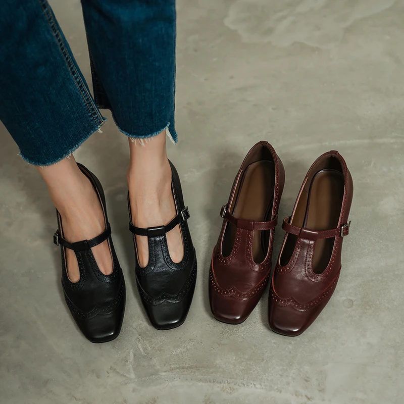 2026 new spring autumn women pumps natural leather 22-25cm washed cowhide+pigskin+sheepskin square toe t-buckle women shoes
