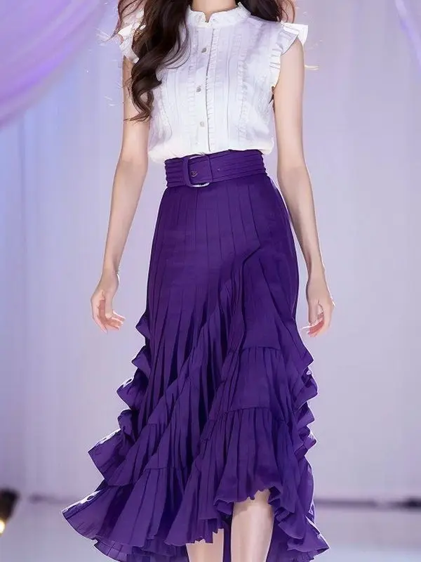 

Новая летняя мода для подиума, женский комплект из двух предметов, элегантная белая рубашка с летающими рукавами + тонкая юбка нестандартной формы, офисный женский костюм