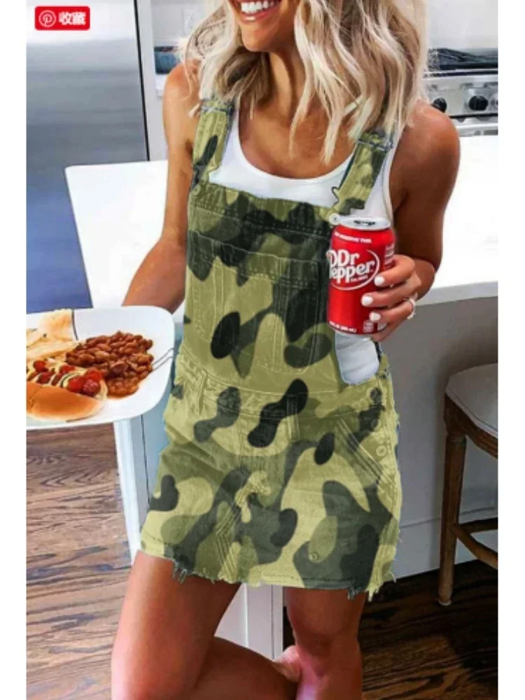 Lugentolo Women Overalls Denim Short Dress Summer Fashion Camouflage Flag Print Lady Sleeveless Slim Washed Do Old Clothing