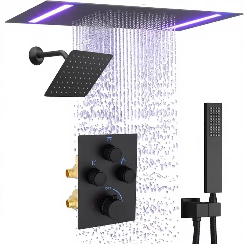 Dual Rain Shower Head System Faucet Set Ceiling Mount LED Wall Heads Handheld Shower Valve 1 Handle Flow Control Matte