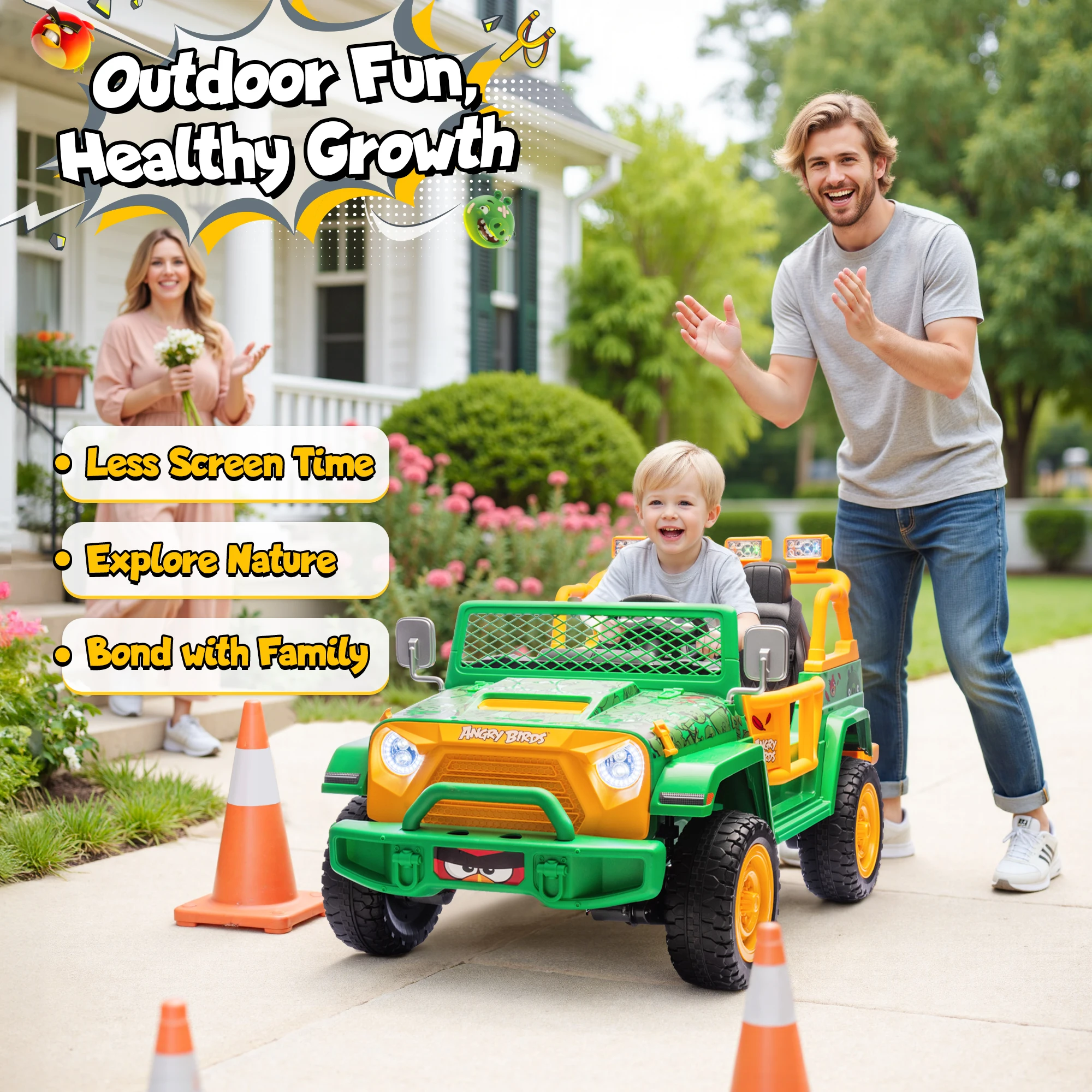Angry Bird sur roues Voiture électrique pour enfants – 4WD tout-terrain, double siège, télécommande, Bluetooth, pour 3 à 8 ans