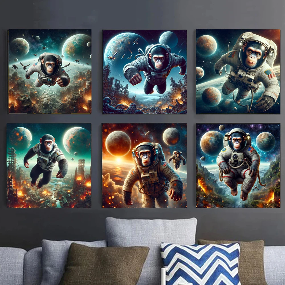 Funny Sci-Fi Space Moon Astronaut Chimpanzee Monkey Wall Art Canvas Paintings Art Posters Prints Living Room Home Decor Pictures