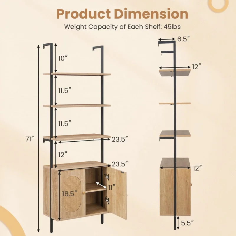custom.Modern Tall Wall-Mounted Bookshelf with Open Rattan Storage Compartment Sturdy Metal Frame Display Rack Living Bedroom Sc