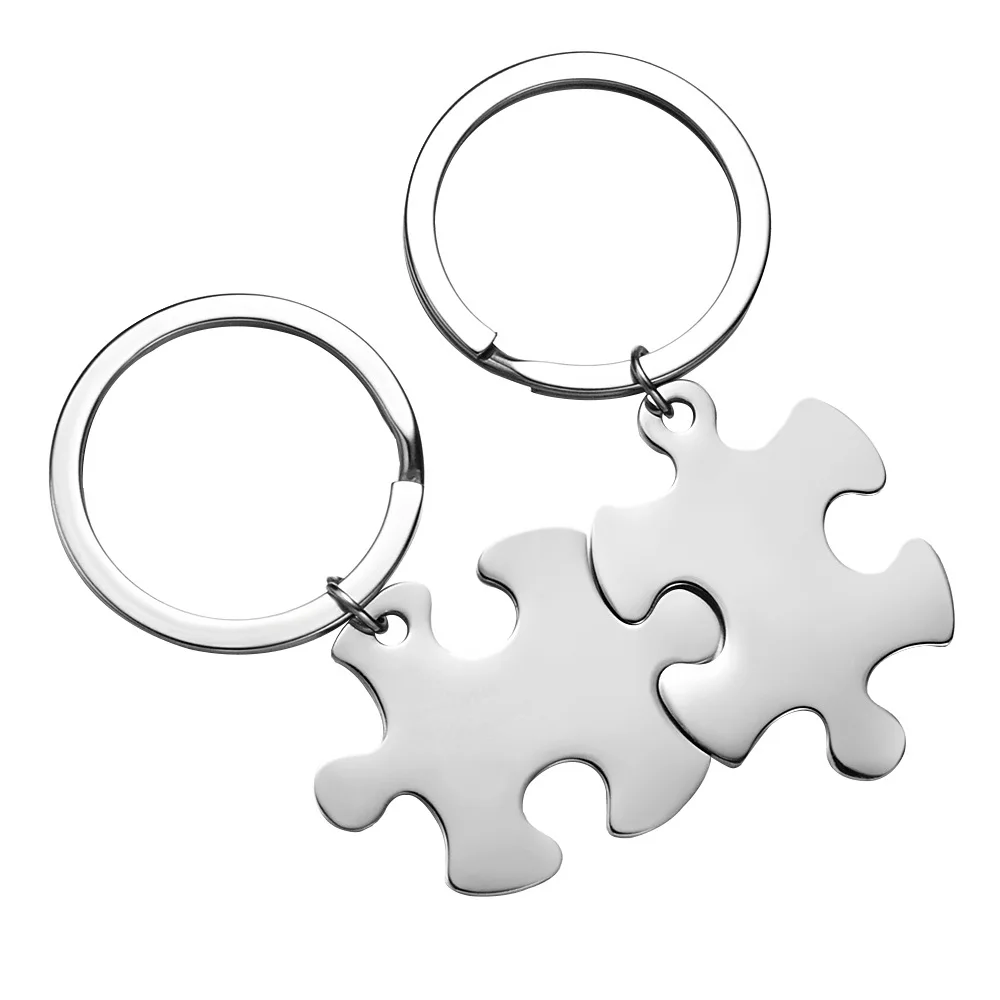 

Stainless Steel Puzzle Keychain Blank For Engrave Black/Silver Color Metal Jigsaw Key Chain Mirror Polished Wholesale 10pair