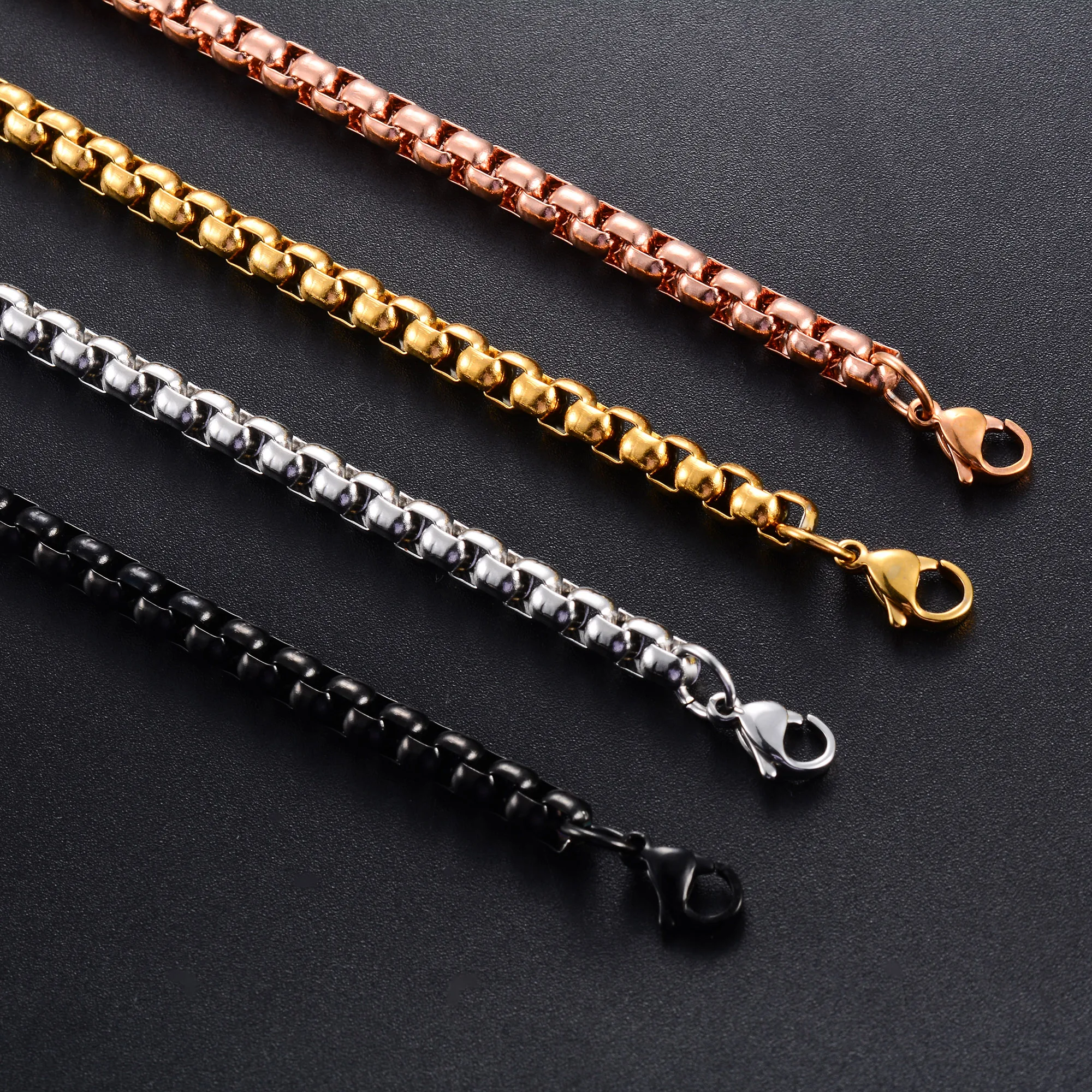 2/3/4/5 mm Herren-Box-Kette, Edelstahl-Halskette, Halsband für Damen, Silber/Gold/Schwarz/Roségold, Farbe 14–40 Zoll, Metallschmuck