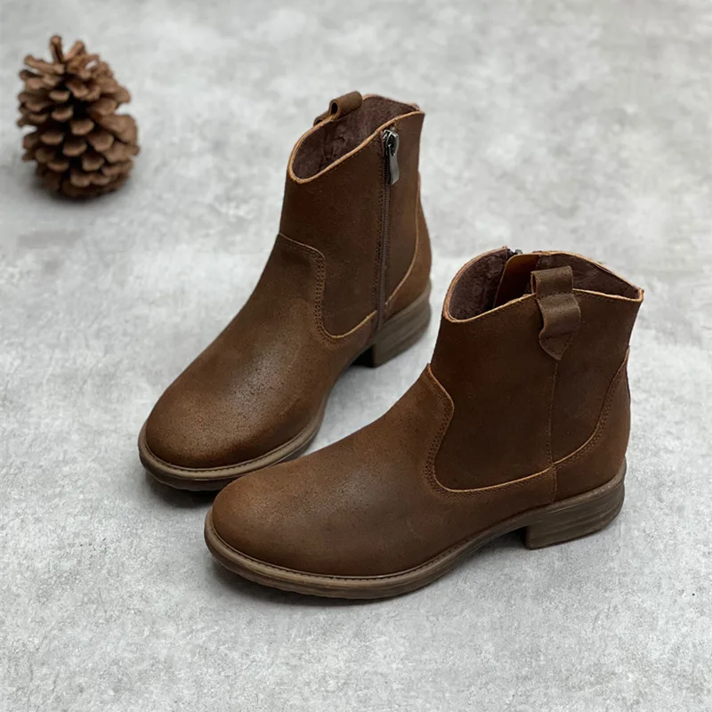 Women Genuine Leather Martins Boots Head layer cowhide Side Zipper Riding Boots Retro Casual Hundred Flat bottom ankle boots