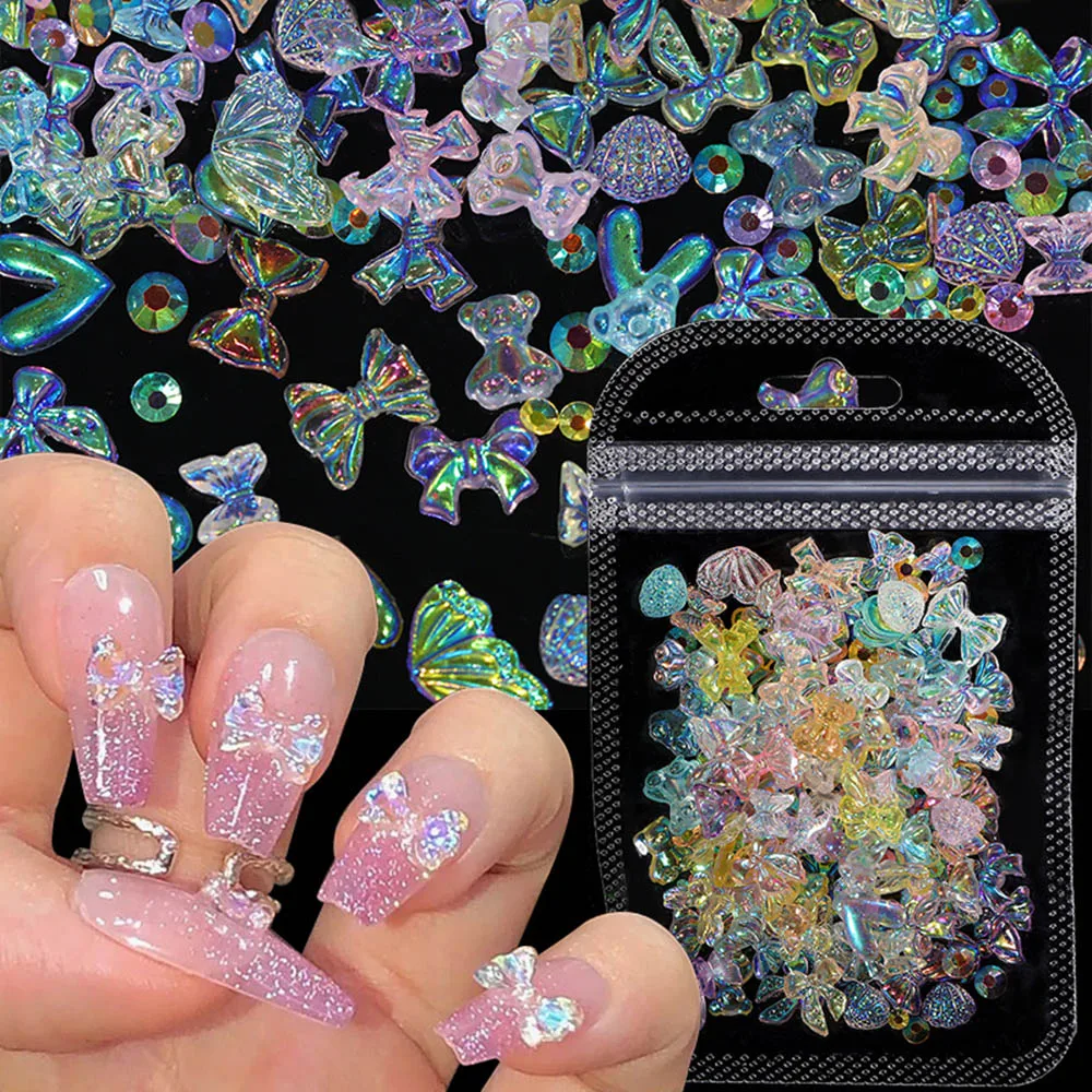 DIY Mix Wstążka Motyl Żywica Paznokcie Cyrkonie Y2k Kryształowa Biżuteria Ocean Pearl Shell 3D Aurora Shells Kobiety Nail Art Manicure