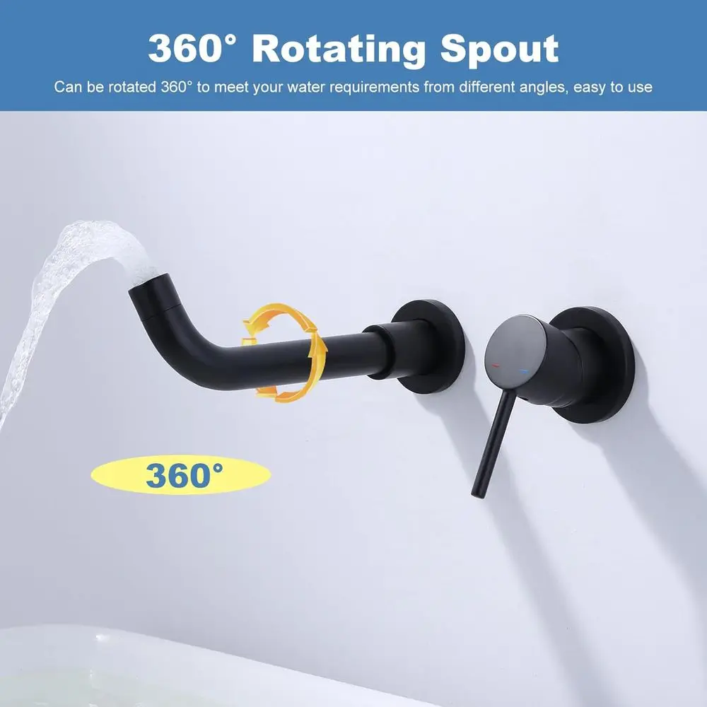 ก๊อกน้ำแบบติดผนังสีดำด้านพร้อมวาล์วแบบฝังสำหรับอ่างล้างหน้าในห้องน้ำ