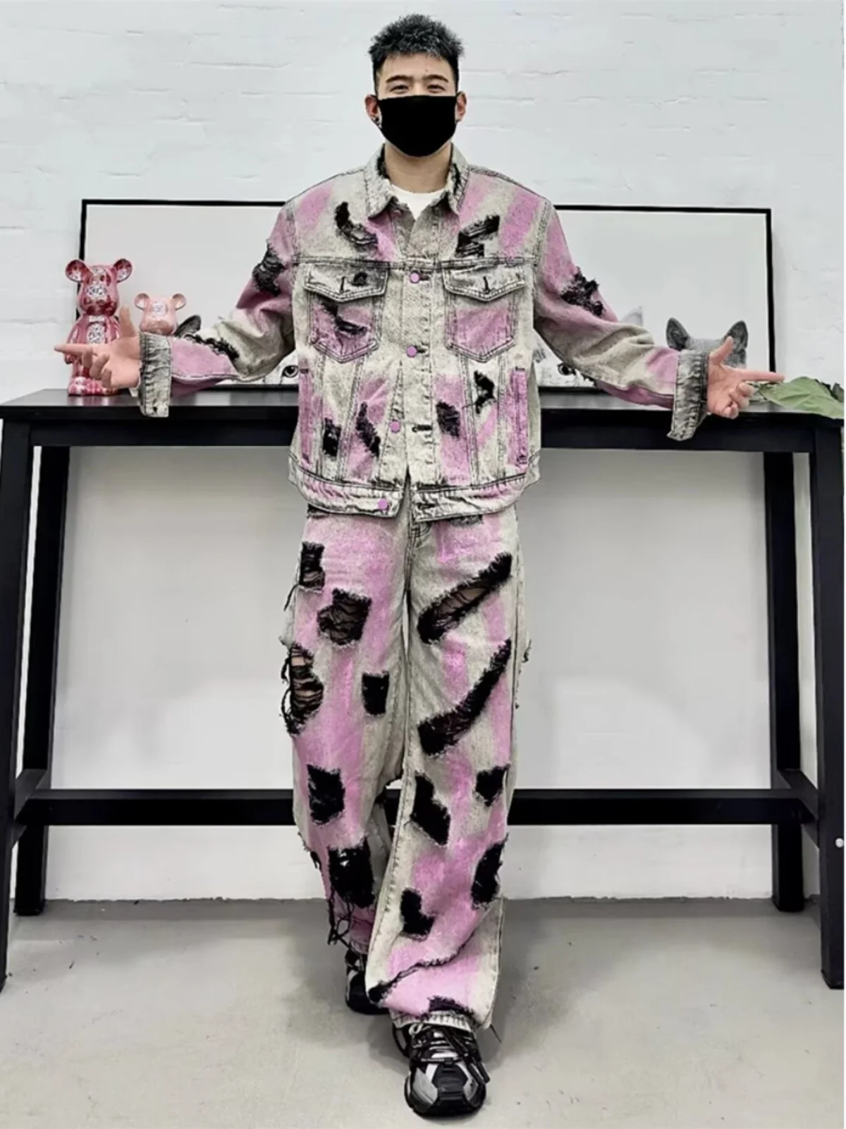 

Bla fiti Destroyed Denim Jeans Men's American High Street Sle Heavy Waed Straight Leg Long Trousers for Teens