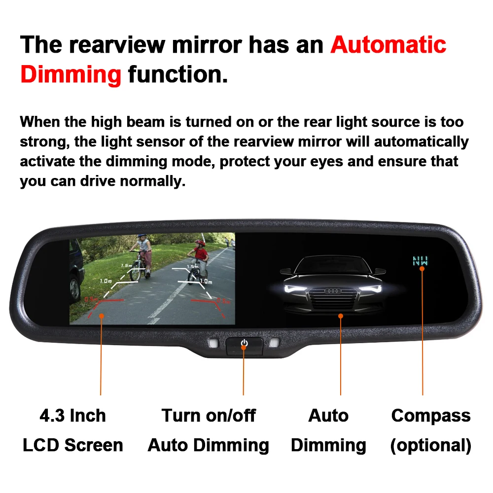 Carsanbo Car 4.3 Inch HD Screen Interior Rear View Mirror with Auto Dimming Anti-Glare Function 800*480 500cd/m2 TFT LCD Display