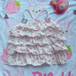 Japanese Sweet Crop Tops Grunge Y2k Print Harajuku T-shirt Lolita Aesthetic Tees Bow Tank Tops Kawaii Clothes Vintage Women Tops