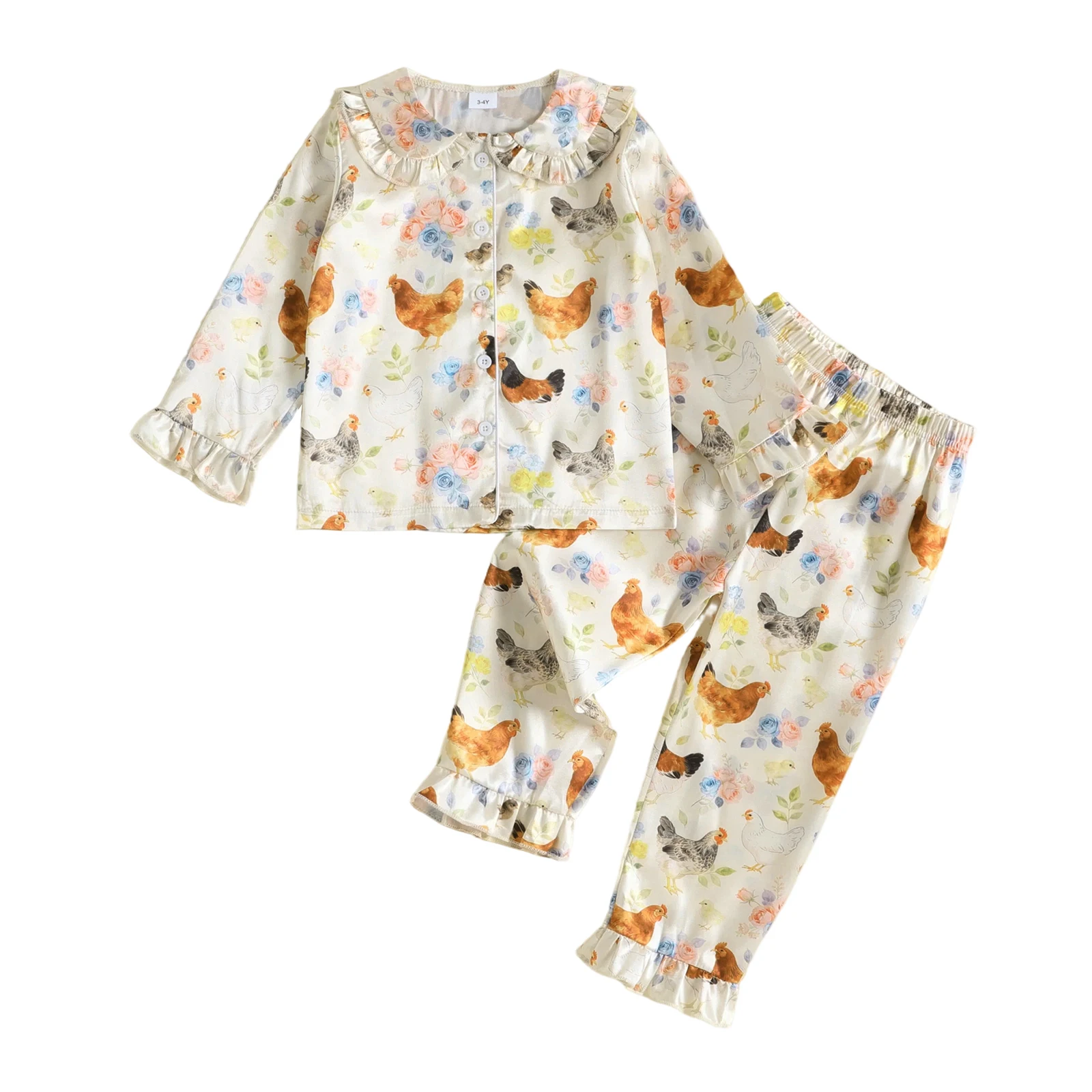 Girls Pajamas Set Hen Duck Print Doll Collar Long Sleeve Tops and Pants