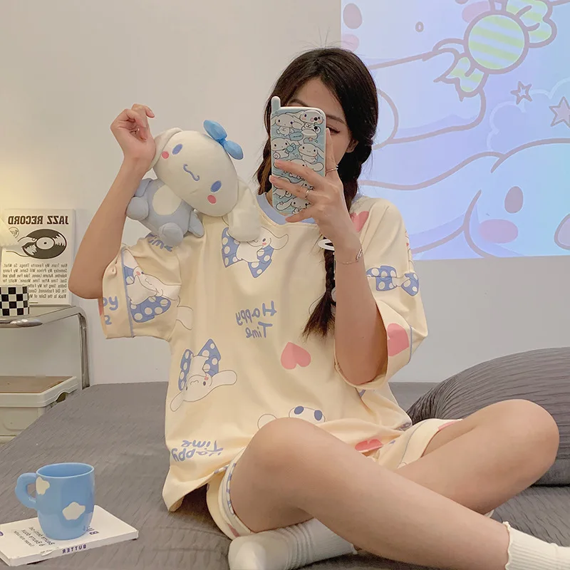 Sanrio Short Kuromi Sleeve Nightwear Pajama Set Women Print Sleepwear Round Neck Short Sleeved Top Loungewear Homewear Gift