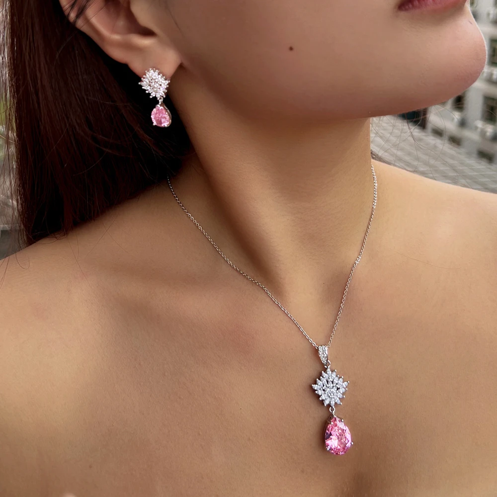 

Pera Sweet Pink CZ Crystal Long Drop Pendant Necklace and Earrings Sets Party Dinner Jewelry for Women Fashion Accessories J576