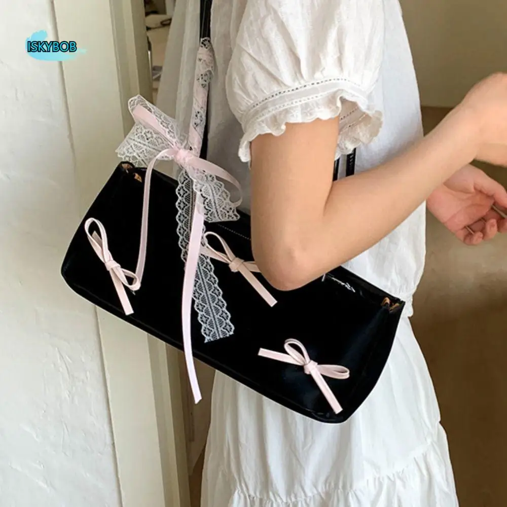 

Portable Sweet French Stick Handbag Ribbon Y2K Women Armpit Bag Korean Style PU Leather Underarm Bag Travel