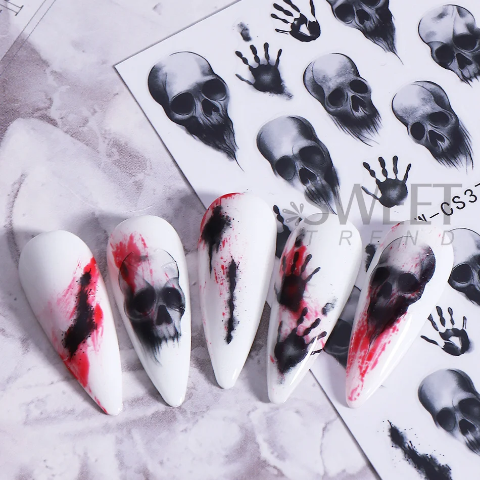 2 Stück Halloween-Nagelkunst-Aufkleber im dunklen Stil mit Skelett-Handabdruck, Spinnennetz und Fledermaus-Design, Nagelsticker für DIY-Maniküre-Dekoration. – Detail 7
