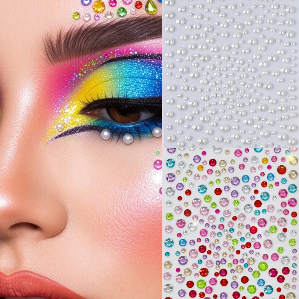 2Pcs/Kit Mixed Christmas White Pearl&Multi-colors Round Diamond Face Sticker 3/4/5/6mm Shinying Crystal+Pearl Rhinestone Sticker