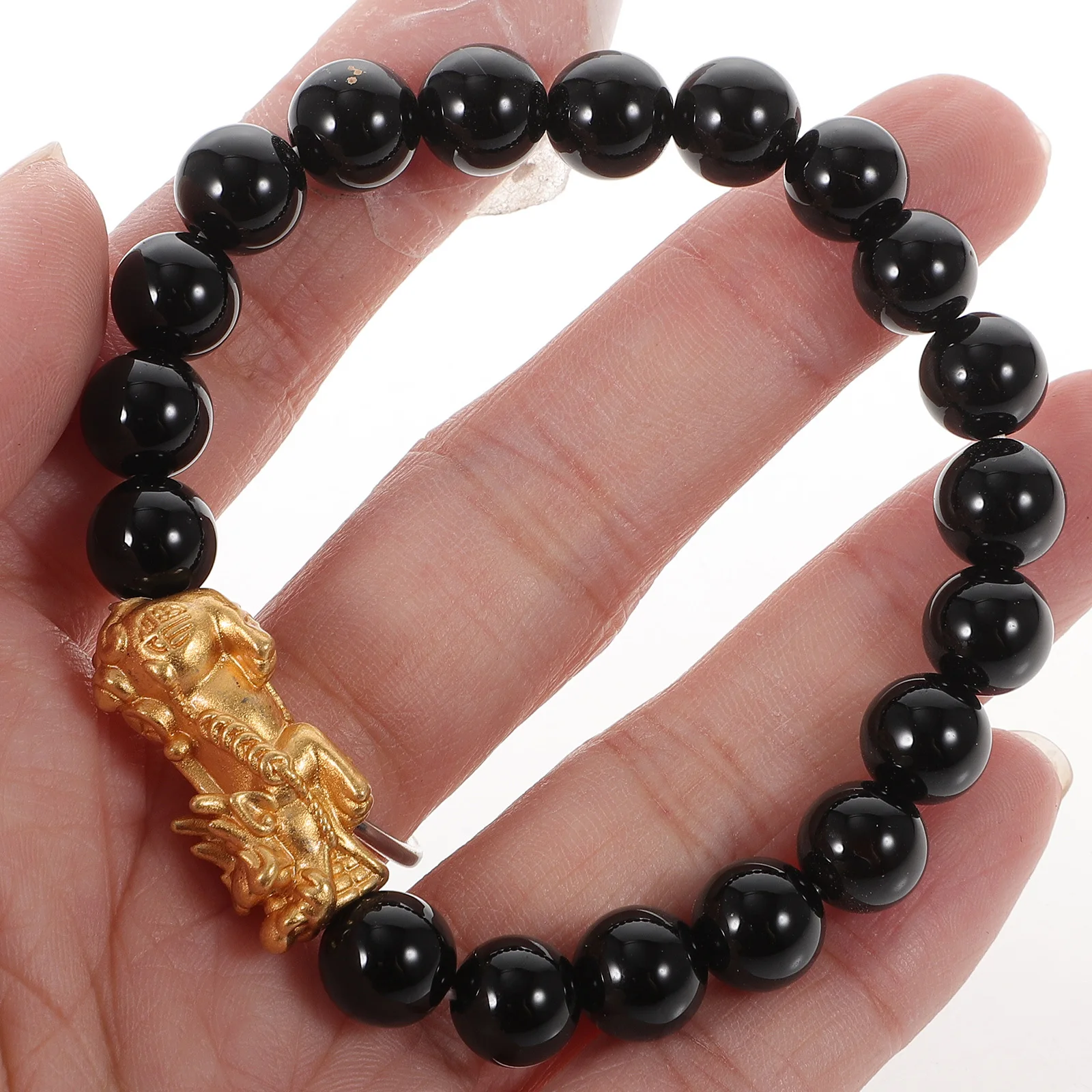 

Black Obsidian Plated Bracelet Elastic Beaded Feng Shui Wealth Amulet Jewelry Unisex Chinese Bracelet