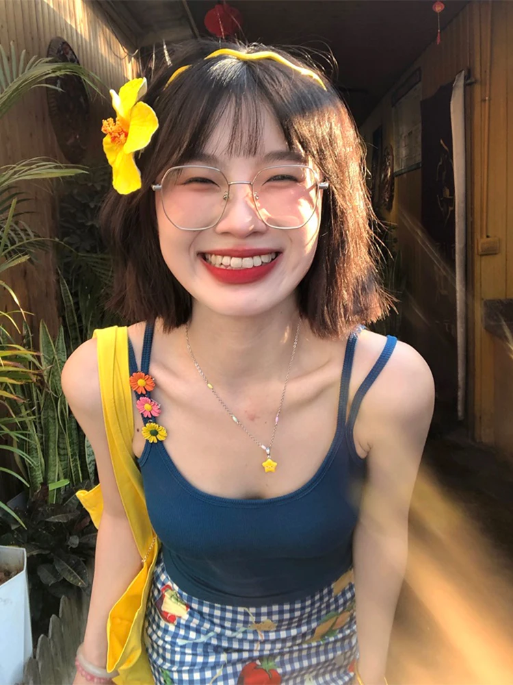 Retro Hong Kong Style Blue Strap Vest Women's Underwear Beautiful Back Integrated Chest Pad Top Inner Wear Summer Short Sleeve