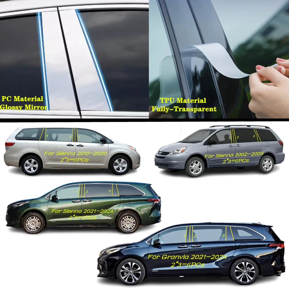 

For Toyota Sienna 2002-2020-2024/Granvia 2021-2024 Car TPU/Glossy Mirror Pillar Post Cover Door Trim Window Molding Sticker