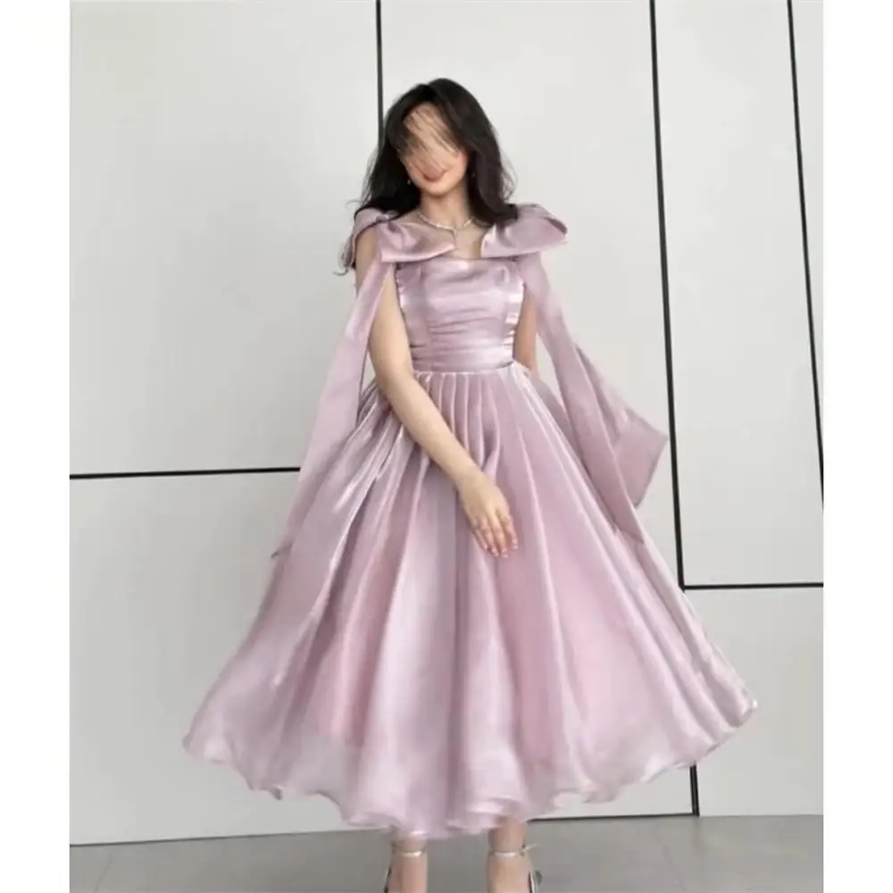 

Розовые платья для выпускного вечера с квадратным вырезом 2025 с бантом на тонких бретельках без рукавов А-силуэта длиной до щиколотки Плиссированные свадебные платья по индивидуальному заказу