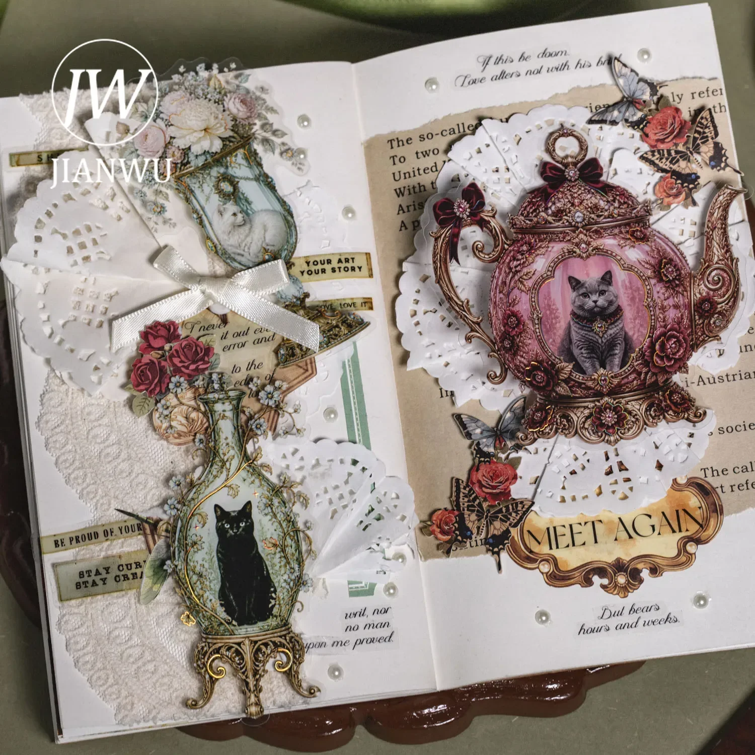 JIANWU Vintage Flower Cats Bottle Landscape Material Collage Scrapbooking PET Sticker Creative DIY Journal Stationery - view 2