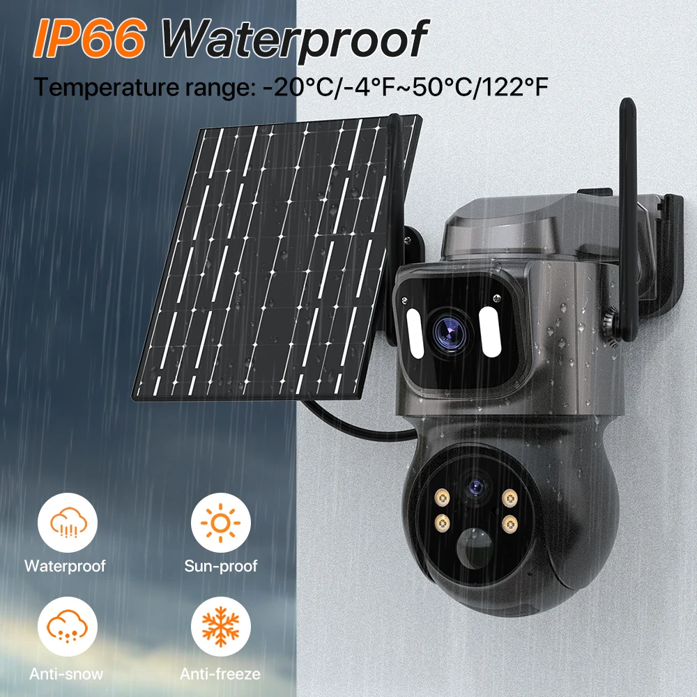 4K HD Solar WiFi Camera Outdoor Built-in Battery Dual Lens 2K Security Camera Solar Panel Wireless Video Surveillance CCTV iCSee