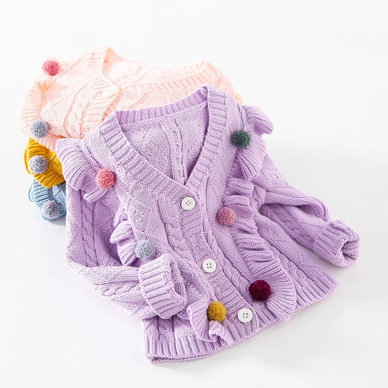 

Girls' Outerwear Spring 2023 New Korean Edition Pure Cotton Round Neck Long Sleeve Ruffle Edge Plush Ball Design Sweet Cardigan