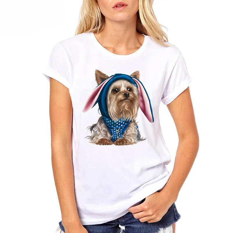 Summer Top White Design Short Sleeve -shirts for Girl Love Women  Shirt Lovely Yorkshire errier Dog Printed  Shirts