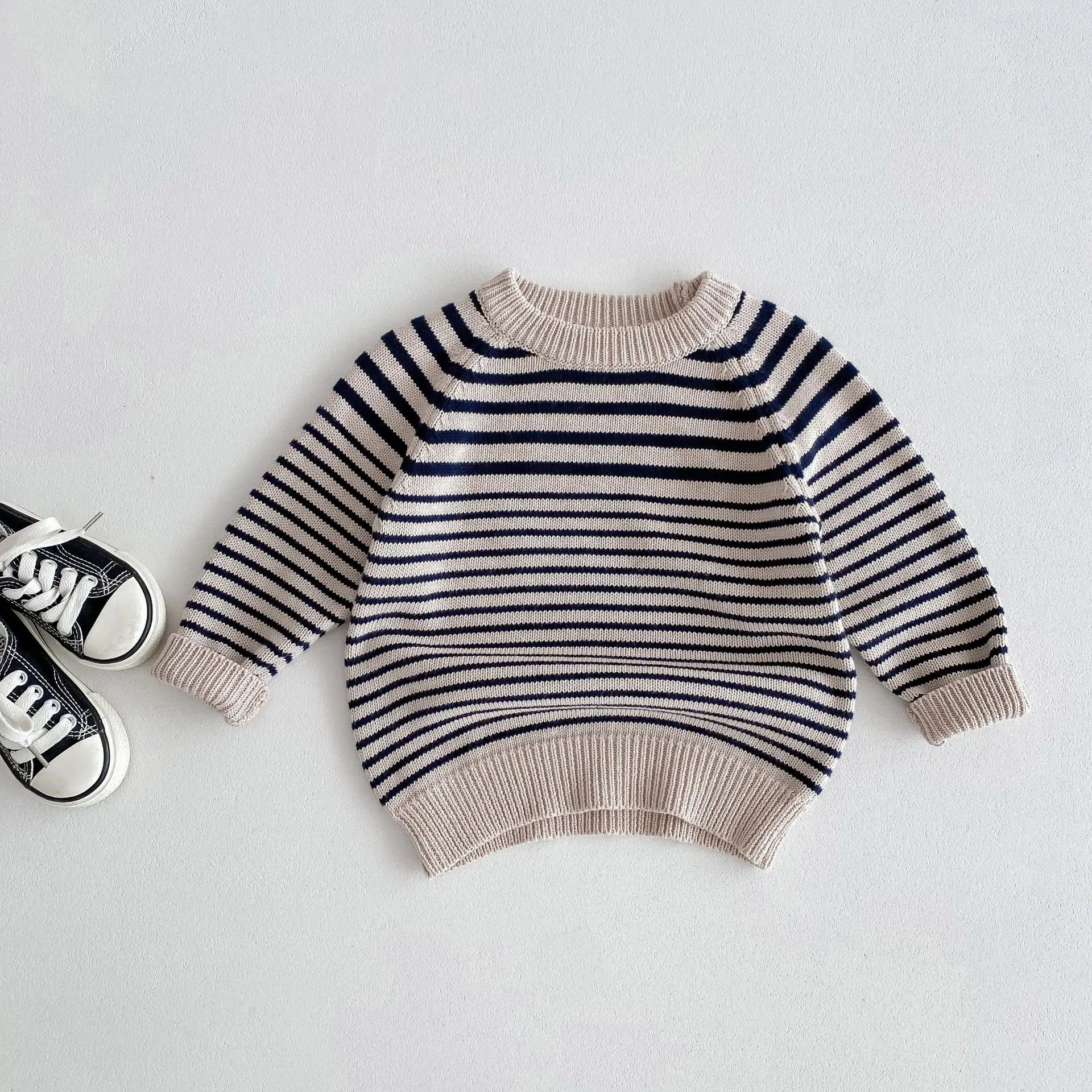 

2024 Autumn New Children Knitted Sweater Girls Versatile Striped Tops Toddler Boys Casual Knitwear Kids Long Sleeve Pullover