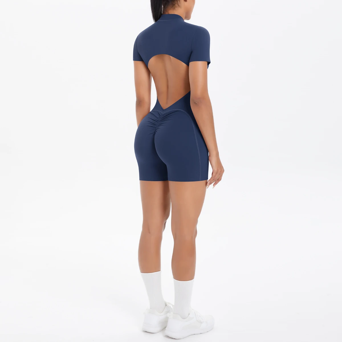 Ausgehöhlter, rückenfreier, kurzärmliger Reißverschluss-Overall für Damen, Overall, Yoga-Anzug, einteilige Legging, kurze Push-Up-Gymnastik-Yoga-Kleidung – Detail 26