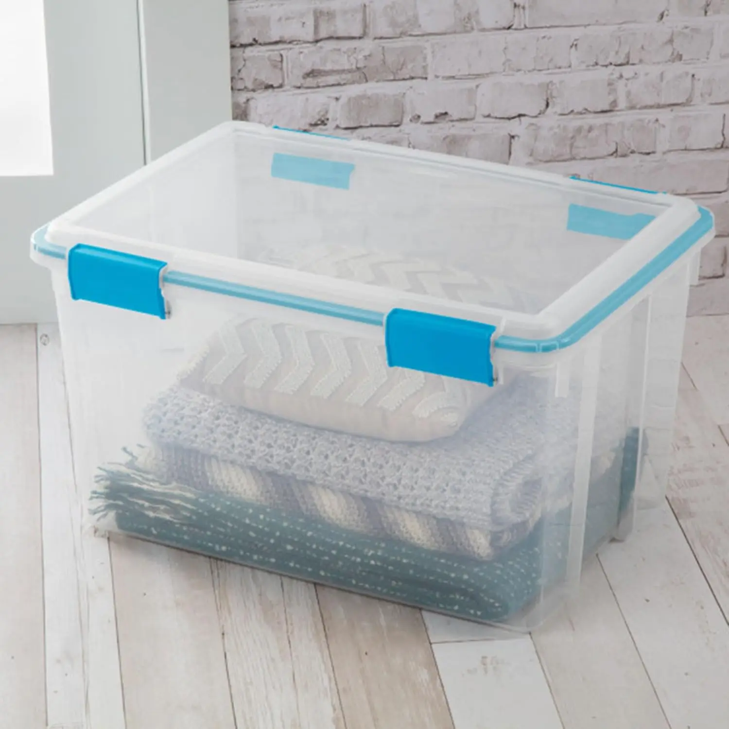 

12-Pack Gasket Box, Weather-Resistant Storage Bins with Latching Lids, 54 Quart - Heavy-Duty Organizing Containers for Closet, B