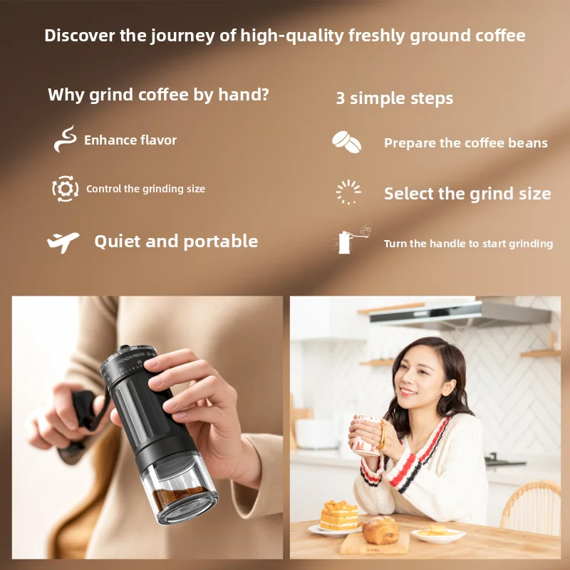 Manual Hand Crank Coffee Grinder - Portable Adjustable Bean Mill with External Settings for Travel and Home Use