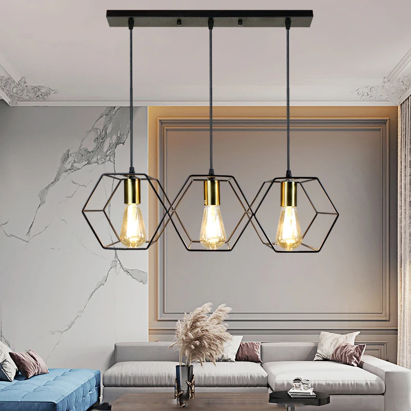Modern Creative LED Chandelier Hanging Light Geometric Metal Frame Lamp Suitable For Restaurant Bedroom Above the Dining Table