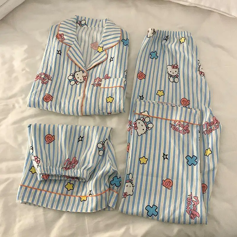 New Kawaii Anime Sanrio Hellokitty Pajamas Summer Striped Pure Cotton Short Sleeved Three Piece Set Leisure Wear Gift For Girls