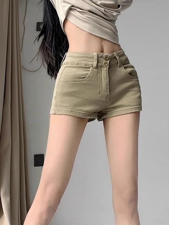 

Khaki High Waist Denim Shorts Women Summer Sexy Slimming Butt Enhancing Hot Pants Casual Straight Leg Jeans Short Length