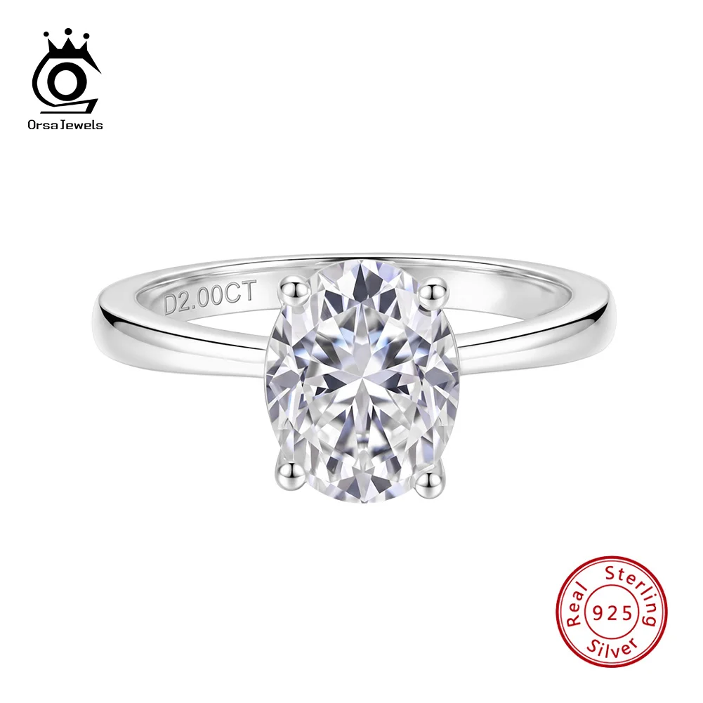 ORSA JEWELS Classic 4 Prong Oval Moissanite Ring 925 Silver D Color Moissanite Solitaire Ring Women Promise Jewelry Gift MOR48