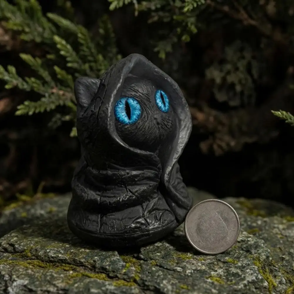 Dark Style Figurine Mysterious Hooded Black Cat Figurine Statue with Big Eyes Mini Desktop Ornament for Home Office Decor Gift