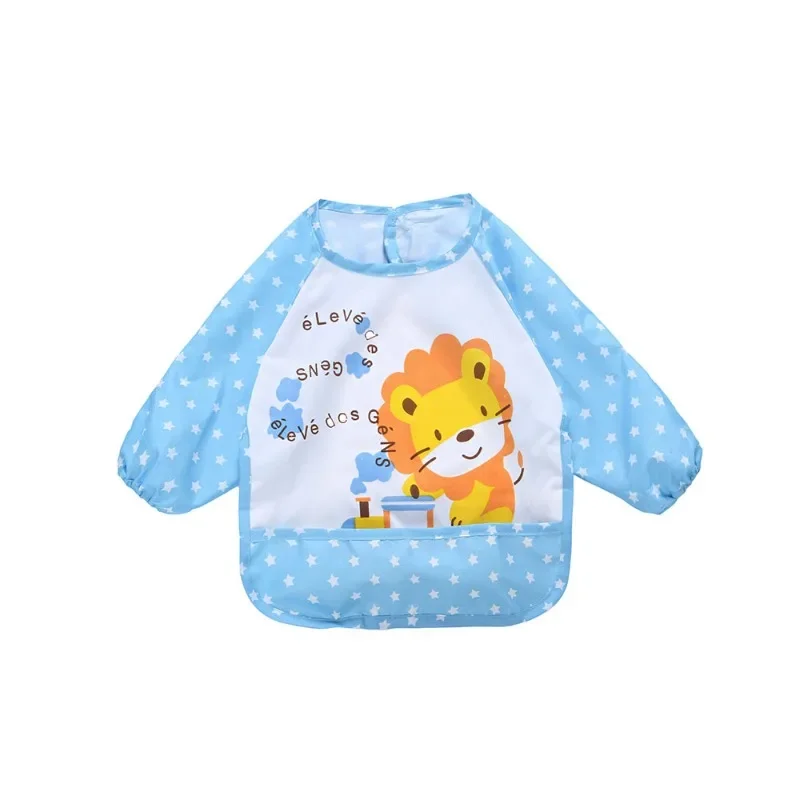 Cartoon Rabbit Lion Baby Bibs for Children Feeding with A Food Waste Pocket Waterproof Long Sleeve Apron Smock Burp Clothes 1-3Y