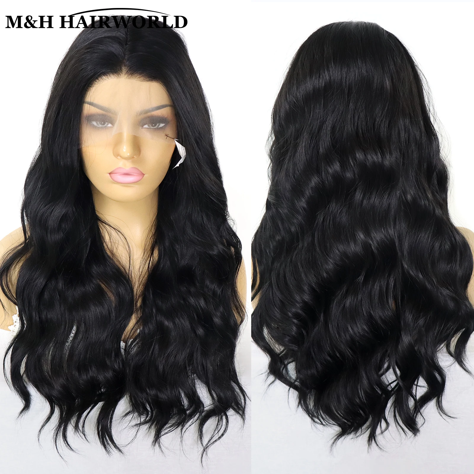 

Black Colored Body Wave Synthetic Hair 13x3 Lace Front Wigs for Women 26 Inch Long Natural Wavy Hair Lace Frontal Wigs Daily Use