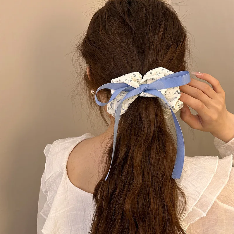 

Korean Women Gentle Blue Small Floral Elastics Hair Band Girls Bowknot Ribbon Scrunchies Hair Ties Ladies Ponytail Hold Headwear