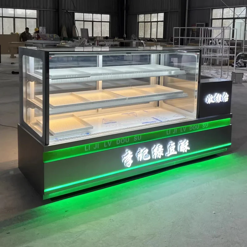 custom.Refrigerated Bakery Display Golden Yellow Glass LED Lighting Heavy Duty Pastry Display Cases