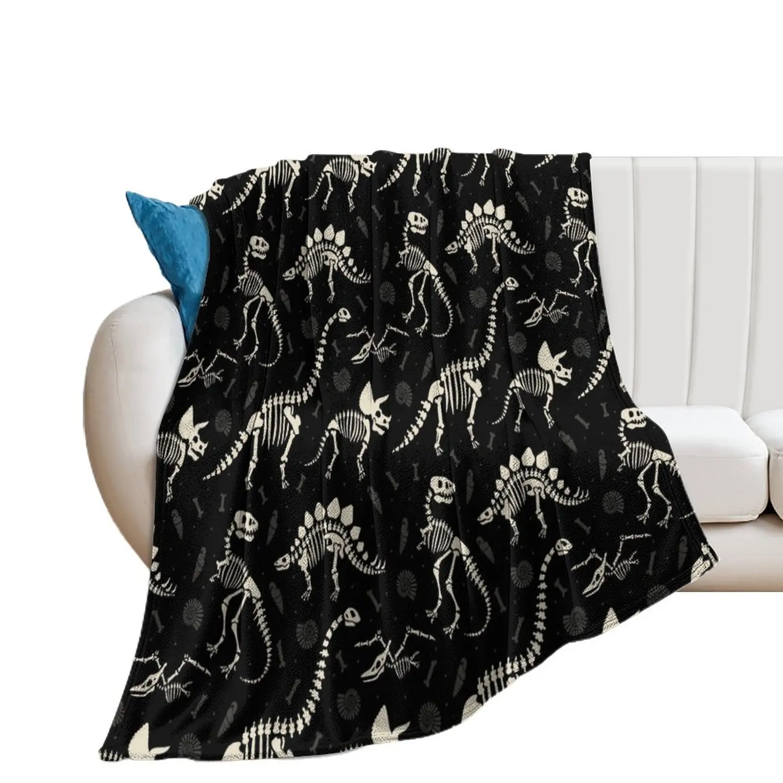 Dinosaur Fossils in Black Throw Blanket christmas gifts Vintage Warm Soft Plaid Blankets