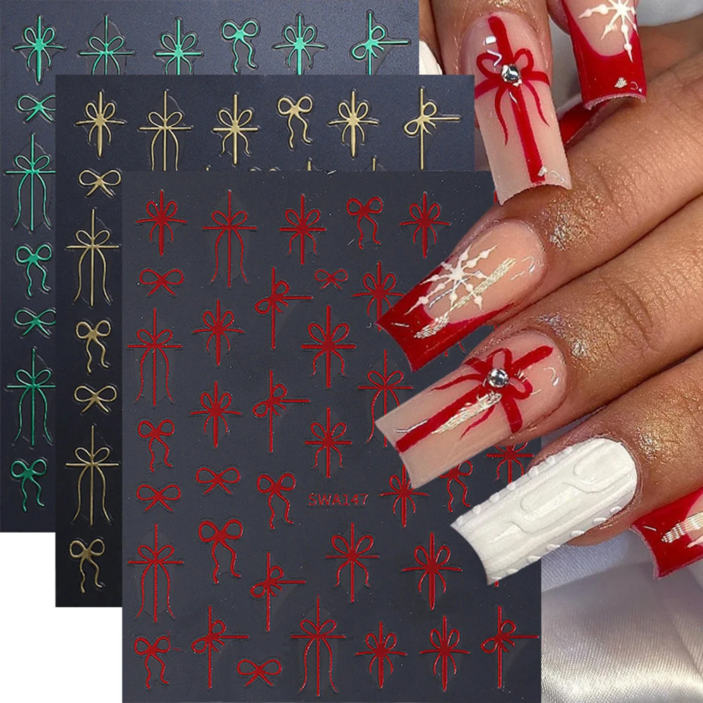 1장 그린 레드 선물 리본 보우 네일 스티커 골든 트위스트 리본 보우 셀프 접착 네일 데칼 심플 리본 매니큐어 데칼