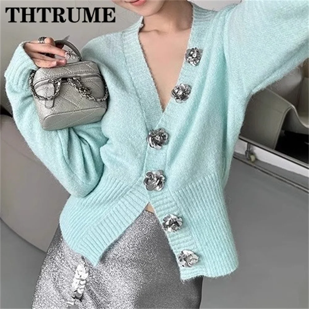 Sexy V-Neck New Sweaters Fashion Women Korean Luxury Single Breasted Chic Jumpers Tops Casual Korean Office Lady Knit Cardigans