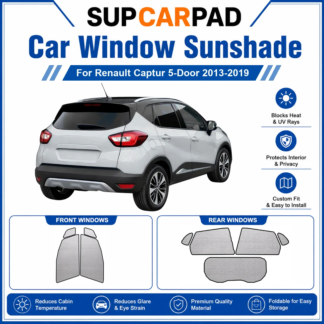 For Renault - Renault Captur 5-Door 2013-2019 Full Set Car Window Sunshades UV Block Privacy Heat Insulated Foldable Car Curtain