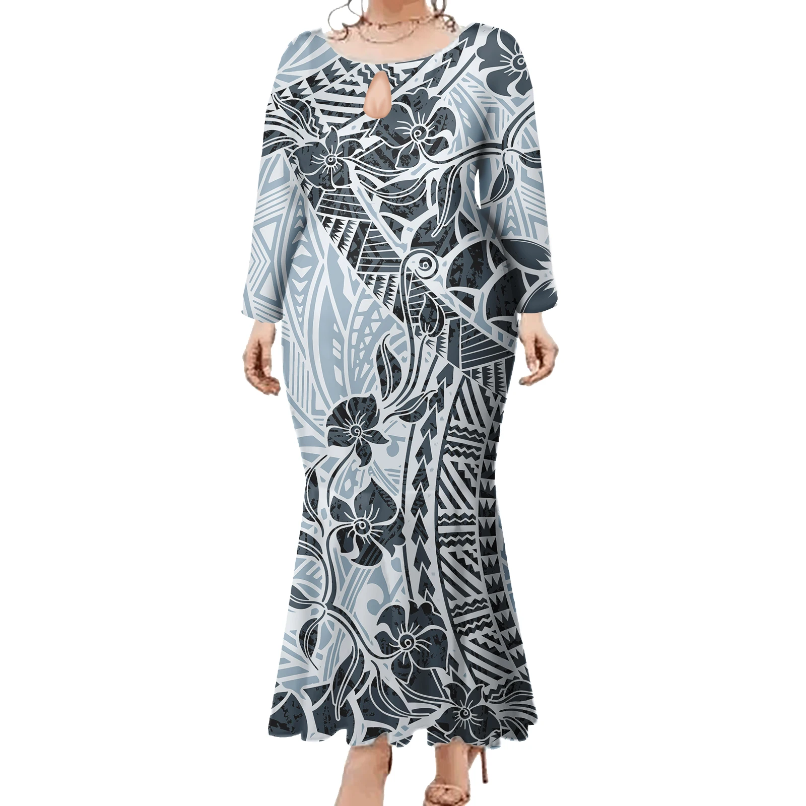 Custom Casual เสื้อผ้ากระโปรงลูกเรือคอชุดเกาะชุดยาว Polynesian Tribal Elegant ผู้หญิงชุด