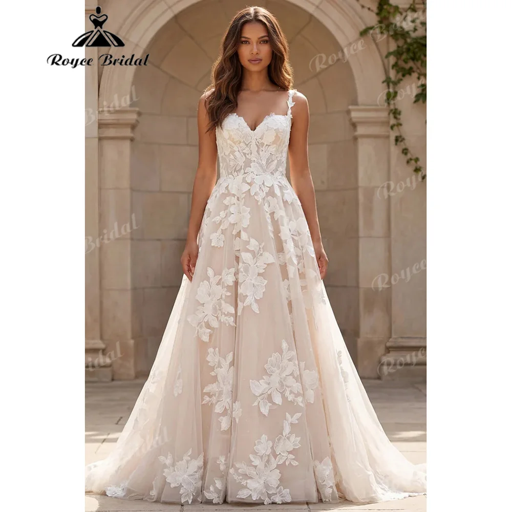 Roycebridal A Line Wedding Dress Spaghetti Straps Sweetheart Neck Large Floral Lace Appliques Open Back robe de marié Customized