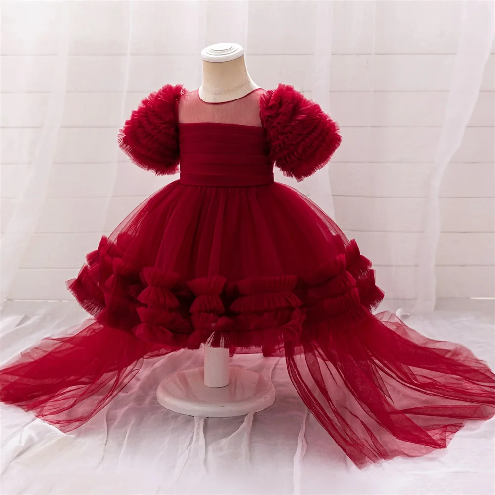 

2025 Trailing Red Party Princess Dress For Baby Girl Kids Lace Birthday Tutu Dresses Toddler Birthday Clothes Children Costumes